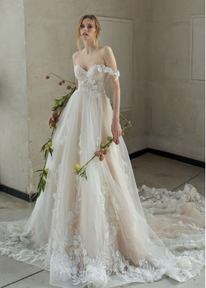 Off Shoulder Beaded Blush Lace Tulle Wedding Dress Off Shoulder Beaded Blush Lace Tulle Wedding Dress